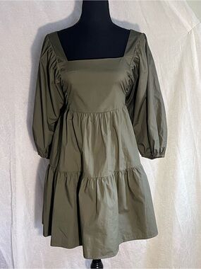A new day Olive Green Square-Neck Tiered Dress with puff sleeves